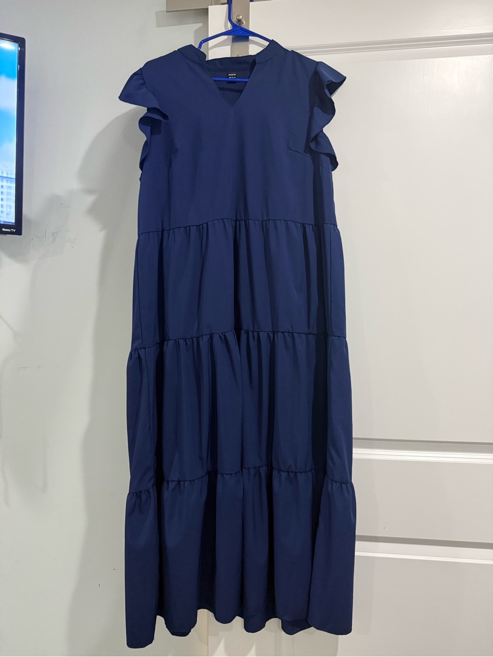SHEIN Navy Tiered V-Neck Ruffle Sleeve Maxi Dress